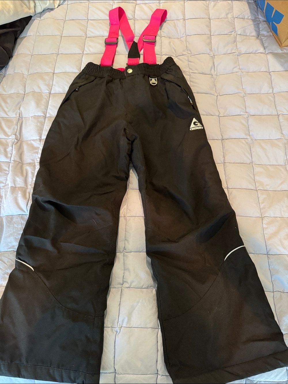 Kids Black Snow Pants with Pink Adjustable/Removable Suspenders